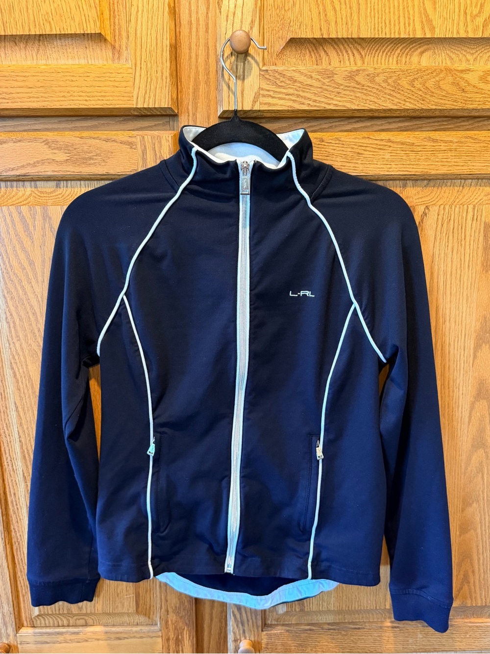 Lauren Ralph Lauren Black Zip-Front Track Jacket with White Trim Cotton Blend